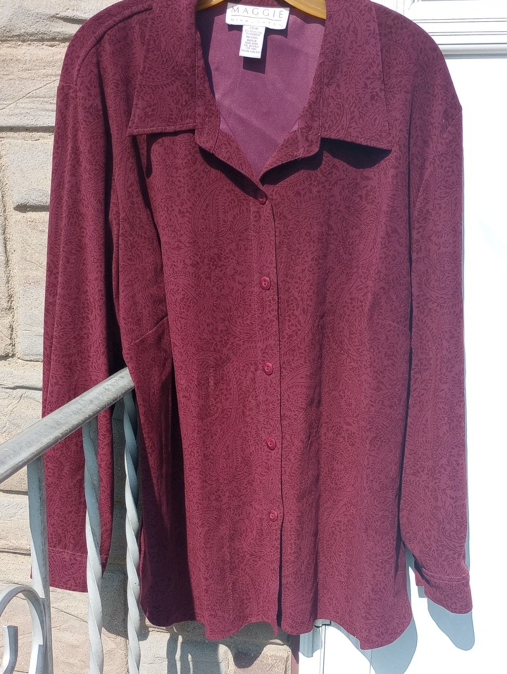 Maggie McNaughton Burgundy Button Down Paisley & Floral Brocade Top, Size 20W